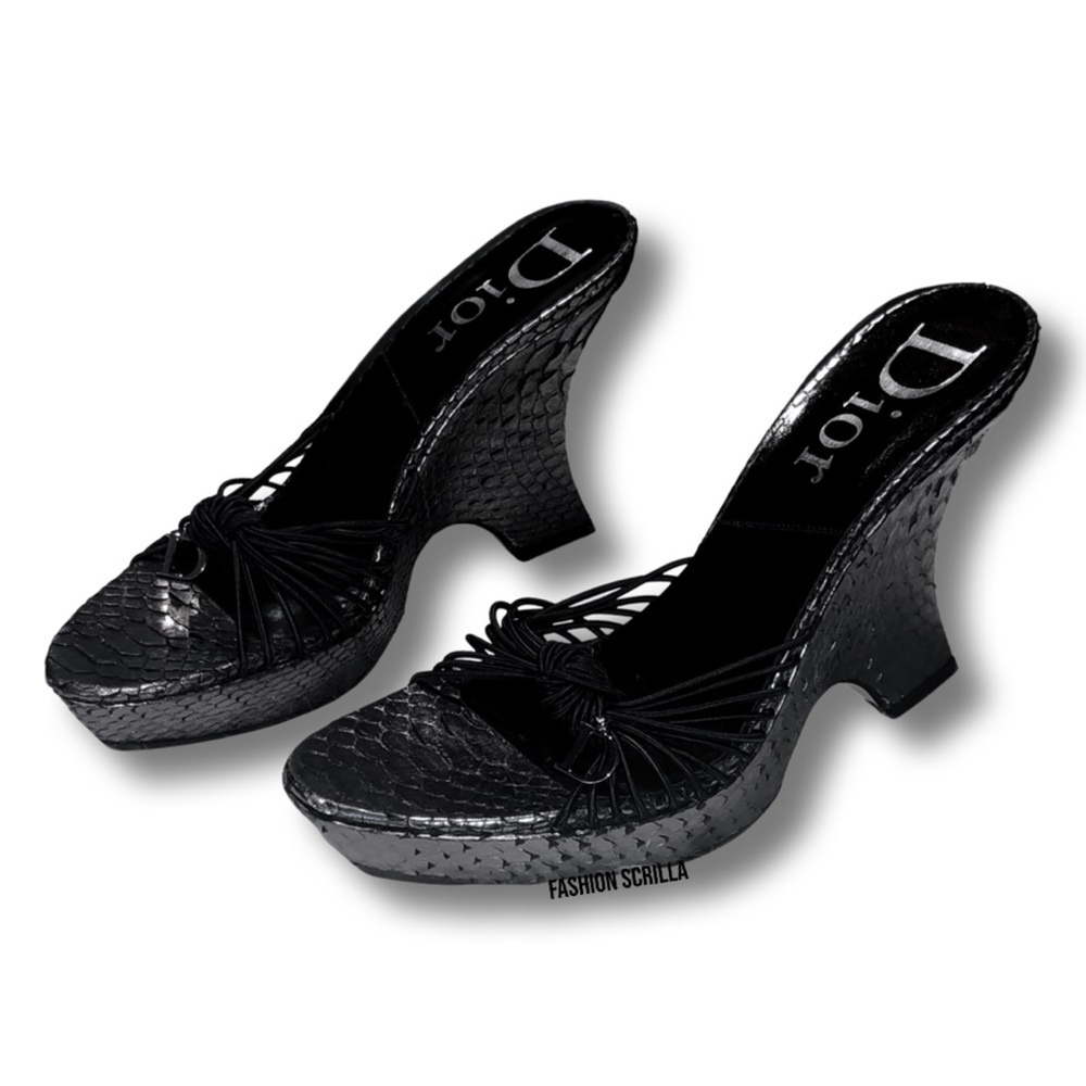Christian Dior Black Logo Python Platform Sandal Wedge Heel - Picture 6 of 15